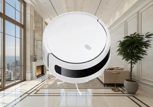 Realistisk billede af en person, der interagerer med en Xiaomi robotstøvsuger i et moderne stue, hvor den rengør gulvet ved siden af en sofa, med varmt lys og minimalistisk møblering i baggrunden.