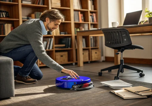 Dyson robotstøvsuger 360 Vis Nav rengør i lys dansk køkken, mens person smiler og ser på. Marmorbord og frugtskål tilføjer realistisk hjemmefølelse.