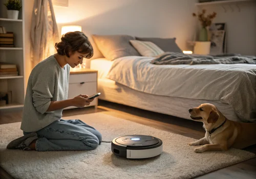Et nærbillede i et hyggeligt soveværelse, hvor en person sidder korslagt og ser en robotstøvsuger hundehår samle kæledyrshår ved et natbord. Hænderne styrer enheden via telefon, med hjemlige detaljer som en bog og hundeseng.