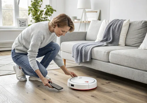 Realistisk billede af en person, der interagerer med en Xiaomi robotstøvsuger i et moderne stue, hvor den rengør gulvet ved siden af en sofa, med varmt lys og minimalistisk møblering i baggrunden.